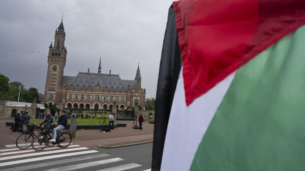 A lone demonstrator waves the Palestinian flag outside the Peace Palace, rear, housing the International Court of Justice, or World Court, in The Hague, Netherlands, Friday, May 24, 2024. - Sputnik Africa