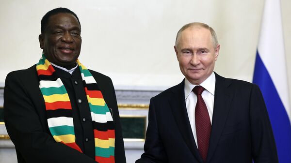 Le Président zimbabwéen Emmerson Mnangagwa et le Président russe Vladimir Poutine en marge du Forum économique international de Saint-Pétersbourg, le 6 juin 2024 - Sputnik Afrique