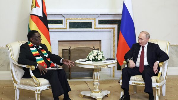 Russian President Vladimir Putin and Zimbabwean President Emmerson Mnangagwa attend a meeting on the sidelines of the 27th Saint Petersburg International Economic Forum (SPIEF) at the Constantine Palace in Strelna in the suburb of St. Petersburg, Russia, on Thursday, June 6, 2024. - Sputnik Africa