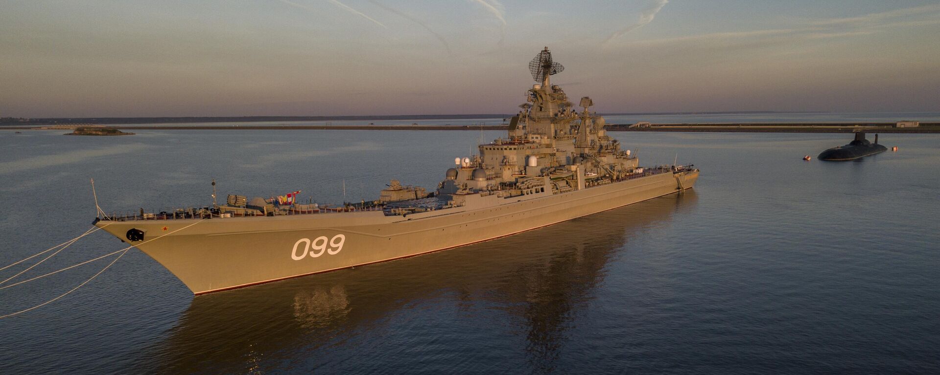 In this Saturday, July 29, 2017 file aerial photo, the Russian nuclear-powered cruiser Pyotr Veliky (Peter the Great) and the Russian nuclear submarine Dmitry Donskoy moored near Kronstadt, a seaport town 30 km (19 miles) west of St. Petersburg, Russia.  - Sputnik Africa, 1920, 12.06.2024