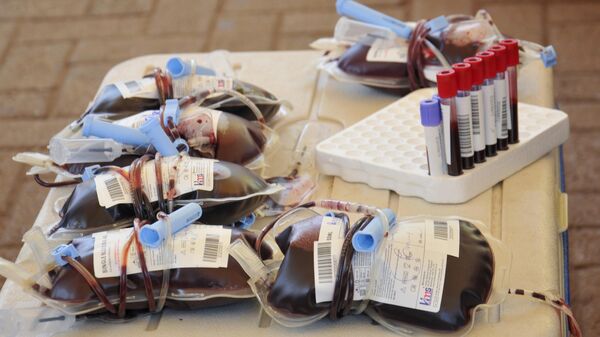 Bags of donated blood are seen at a blood-donation drive organized by the Rotary club and Uganda Blood Transfusion Services in City Square, Kampala, Uganda Saturday, Sept. 19, 2020. - Sputnik Africa