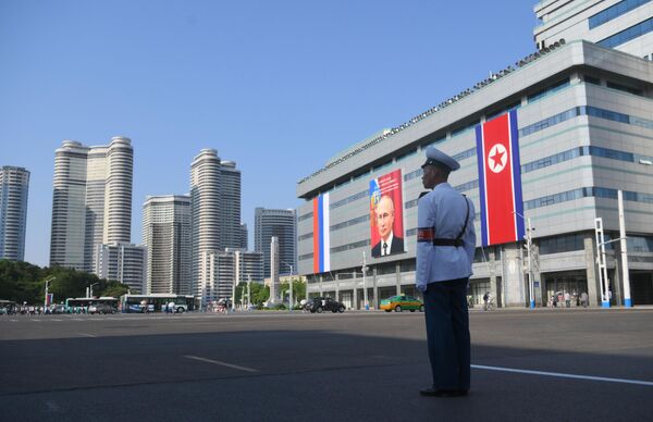 A guard near a building on which a portrait of Russian President Vladimir Putin is hung in Pyongyang. - Sputnik Africa