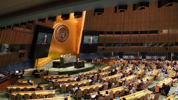 Russia's Permanent Representative to the United Nations Vassily Nebenzya addresses the plenary session of the United Nations General Assembly in New York. - Sputnik Africa