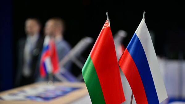 Flags of Russia and Belarus at one of the exhibition stands of the Eurasian Economic Forum at the Sirius Science and Art Park. - Sputnik Africa