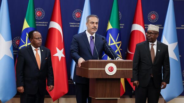 Hakan Fidan, chef de la diplomatie turque, tient des pourparlers avec ses homologues éthiopien et somalien, Taye Atske Selassie et Ahmed Moallim Fiqi, Ankara, le 1er juillet - Sputnik Afrique