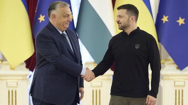 In this photo provided by the Ukrainian Presidential Press Office, Ukraine's Volodymyr Zelensky, right, welcomes Hungarian Prime Minister Viktor Orban in Kiev, Ukraine, Tuesday, July 2, 2024. - Sputnik Africa