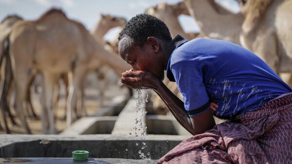 A herder boy who looks after livestock quenches his thirst from a water point during a drought, in the desert near Dertu, Wajir County, Kenya on Oct. 24, 2021. - Sputnik Africa