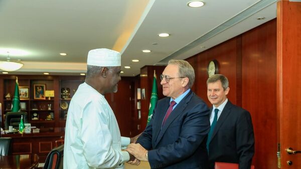 Chairman of the African Union (AU) Commission Musa Faki Mahamat receives Russian Presidential Envoy for the Middle East and Africa, Deputy Foreign Minister Mikhail Bogdanov, at the AU headquarters in Addis Ababa, Ethiopia, on Monday, July 15, 2024. - Sputnik Africa