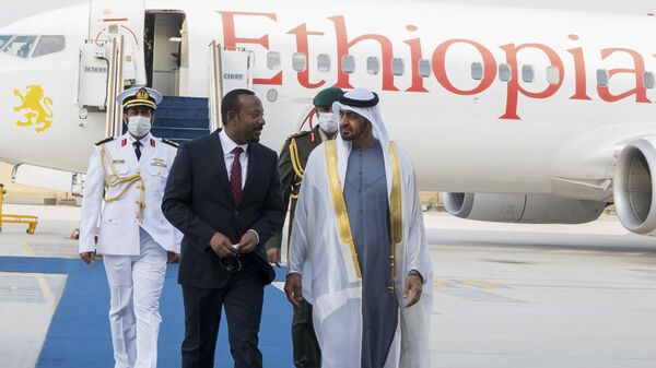 In this photo released by the United Arab Emirates' state-run WAM news agency, Abu Dhabi's powerful crown prince, Sheikh Mohammed bin Zayed Al Nahyan, right, greets Ethiopian Prime Minister Abiy Ahmed after his arrival in Abu Dhabi, United Arab Emirates, Saturday, Jan. 29, 2022.  - Sputnik Africa