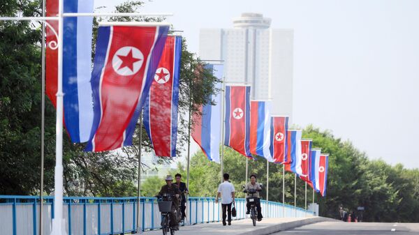 Flags of North Korea and Russia on the street in Pyongyang - Sputnik Africa