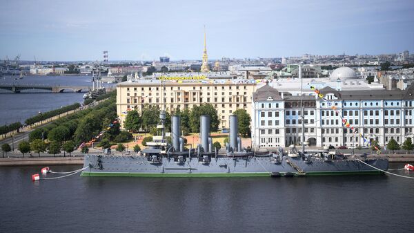 The Aurora cruiser is pictured during the main military parade on Russian Navy Day, in St. Petersburg, Russia, on July 25, 2021. - Sputnik Africa
