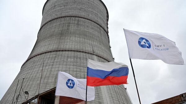 A Russian national flag and flags with the logo of Rosatom flutters at the construction site of a cooling tower at the Kursk II nuclear power plant near the village of Makarovka outside Kurchatov, Kursk region, Russia - Sputnik Africa