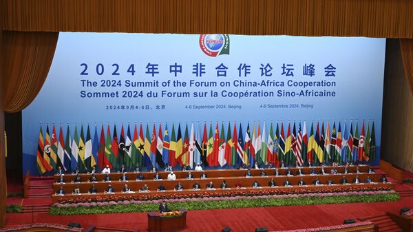 China's President Xi Jinping, bottom, speaks at the opening ceremony of the Forum on China-Africa Cooperation (FOCAC) at the Great Hall of the People in Beijing, Thursday, Sept. 5, 2024. - Sputnik Africa