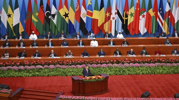 China's President Xi Jinping, bottom, speaks at the opening ceremony of the Forum on China-Africa Cooperation (FOCAC) at the Great Hall of the People in Beijing, Thursday, Sept. 5, 2024. - Sputnik Africa