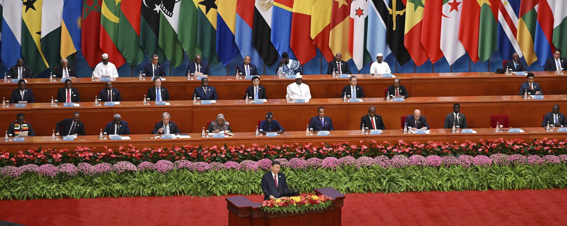 China's President Xi Jinping, bottom, speaks at the opening ceremony of the Forum on China-Africa Cooperation (FOCAC) at the Great Hall of the People in Beijing, Thursday, Sept. 5, 2024. - Sputnik Africa, 1920, 08.09.2024