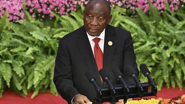 South Africa's President Cyril Ramaphosa speaks during the opening ceremony of the Forum on China-Africa Cooperation (FOCAC) at the Great Hall of the People in Beijing, Thursday, Sept. 5, 2024.  - Sputnik Afrique