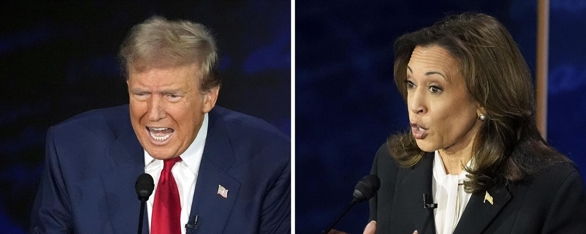 Former President Donald Trump, Republican presidential nominee, left, and Vice President Kamala Harris, Democratic presidential nominee, during an ABC News presidential debate at the National Constitution Center, Tuesday, Sept. 10, 2024, in Philadelphia. - Sputnik Africa, 1920, 17.10.2024