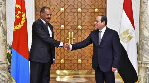 In this photo provided by Egypt's state news agency, MENA, Eritrean President Isaias Afwerki, left, shakes hands with Egyptian President Abdel-Fattah el-Sissi at the presidential palace, in Cairo, Egypt, Tuesday, Jan. 9, 2018.  - Sputnik Africa