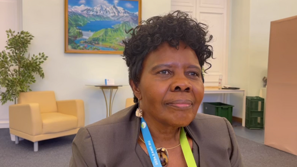 Loide Kasingo, Deputy Speaker of the National Assembly of Namibia, speaks to a Sputnik Africa correspondent on the sidelines of the IV Eurasian Women's Forum in St. Petersburg, Russia, on September 19, 2024. - Sputnik Afrique