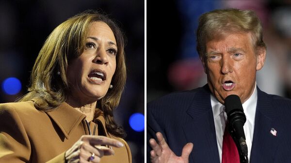 This combination of file photos shows Vice President Kamala Harris, the Democratic presidential nominee, left, speaking at a campaign rally in Kalamazoo, Michigan, on Oct. 26, 2024, and former President Donald Trump, the Republican presidential nominee, right, speaking during a campaign rally on Oct. 22, 2024, in Greensboro, North Carolina.  - Sputnik Afrique