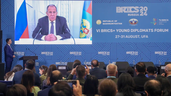 Russian Foreign Minister Sergey Lavrov is deivering his video address to the BRICS+ Forum of Young Diplomats' participants.  - Sputnik Africa