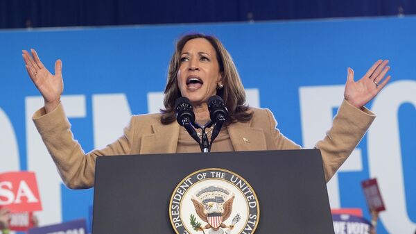 Democratic presidential nominee Vice President Kamala Harris speaks during a campaign rally, Saturday, Nov. 2, 2024, at the PNC Music Pavilion in Charlotte, N.C. - Sputnik Afrique