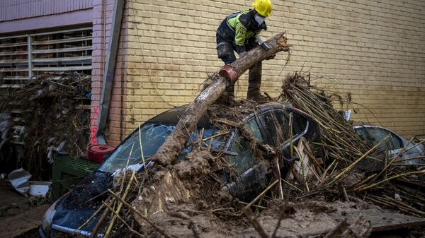 A firefighter removes parts of a tree that fell on cars during the floods in Masanasa, Valencia, Spain, Wednesday, Nov. 6, 2024.  - Sputnik Africa