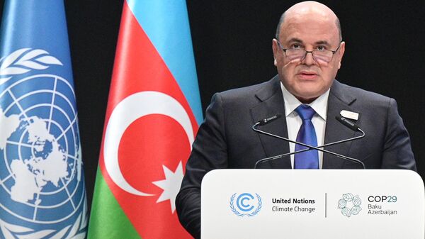 Russian Prime Minister Mikhail Mishustin speaks during the World Leaders Climate Action Summit at the 29th Conference of the Parties (COP29) to the United Nations Framework Convention on Climate Change, in Baku, Azerbaijan. - Sputnik Africa