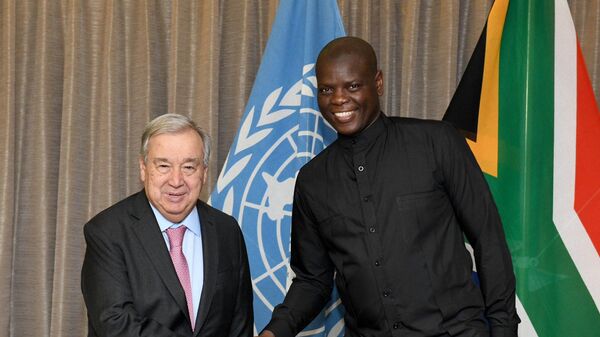 South African Foreign Affairs and Cooperation Minister Ronald Lamola with UN Secretary-General Antonio Guterres in Pretoria. - Sputnik Africa