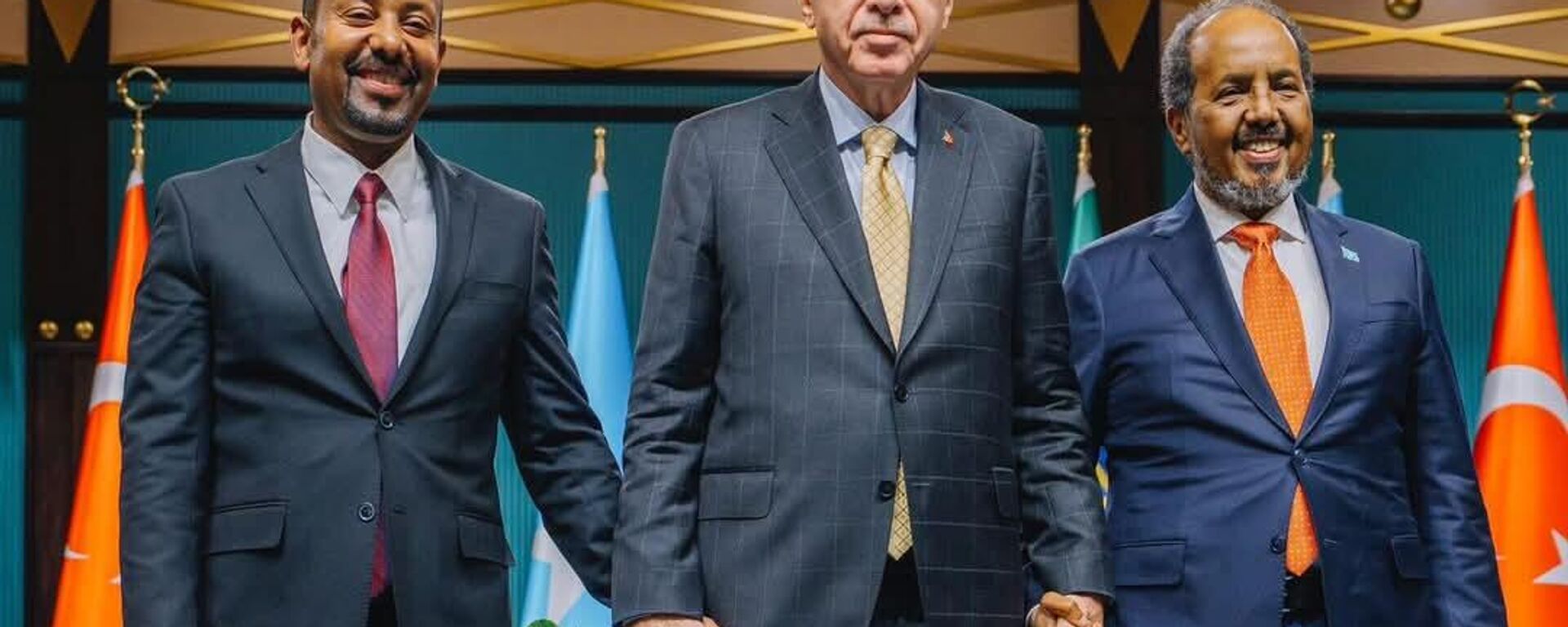 Negotiations between Somali President Hassan Sheikh Mohamud and Ethiopian Prime Minister Abiy Ahmed, mediated by Turkish President Recep Tayyip Erdogan in Ankara. - Sputnik Africa, 1920, 12.12.2024