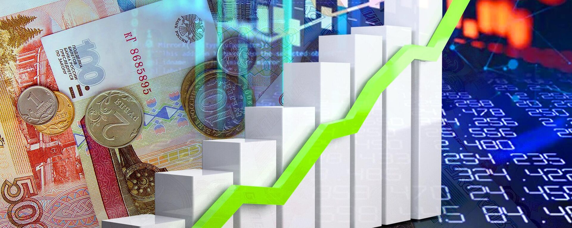 Economy chart: up arrow, cash ruble bills and stock market indicators - Sputnik Africa, 1920, 20.12.2024