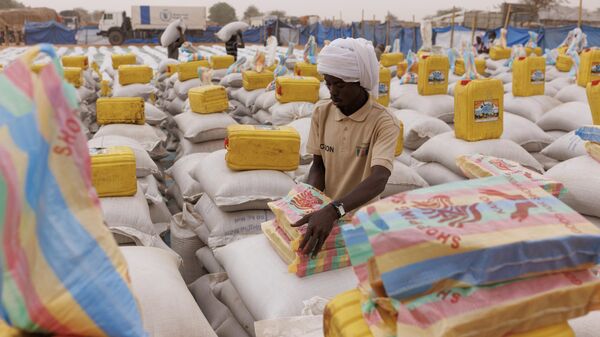 Aid is laid out ready to hand out to refugees at a WFP food distribution point to open at a temporary camp on April 22, 2024 in Adre, Chad.  - Sputnik Africa