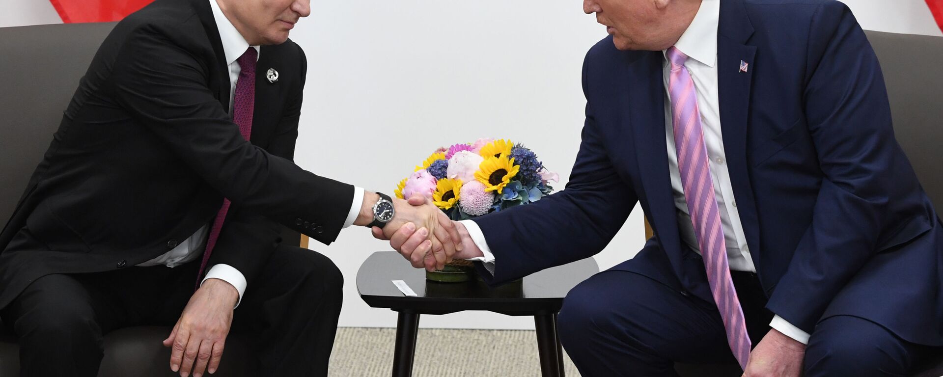 Russian President Vladimir Putin and US President Donald Trump shake hands during a bilateral meeting at the at the Group of 20 (G20) leaders summit in Osaka, Japan. - Sputnik Africa, 1920, 23.12.2024