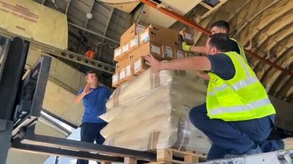 In this video grab, airport workers unload cargo from a Russian Emergencies Ministry Il-76 aircraft that delivered 33 tonnes of humanitarian aid, including food, medicine, basic necessities and an 80 kW power plant for Lebanese residents, at Beirut-Rafic Hariri International Airport in Beirut, Lebanon. - Sputnik Africa