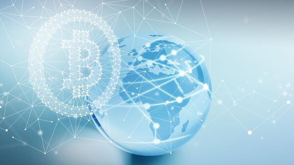 Glass Globe with Bitcoin Symbol and Blockchain Network Graphics, focus on Africa. - Sputnik Africa