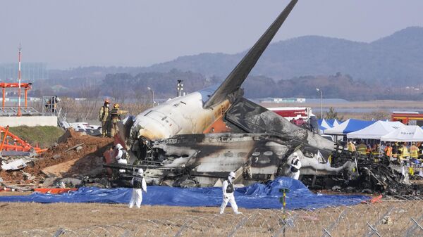 Des pompiers et des membres de l'équipe de secours travaillent près de l'épave d'un avion de ligne à l'aéroport international de Muan à Muan, en Corée du Sud, le dimanche 29 décembre 2024. (AP Photo/Ahn Young-joon) - Sputnik Afrique