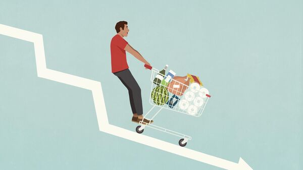 Male consumer with shopping cart of groceries falling down descending arrow - stock illustration - Sputnik Africa