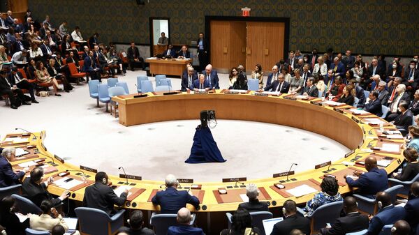 Russian Foreign Minister Sergei Lavrov (center) speaks at a meeting of the UN Security Council in New York. - Sputnik Africa