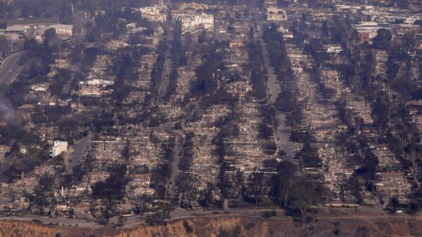 The devastation caused by the Palisades Fire is seen, in an aerial view, in the Pacific Palisades neighborhood of Los Angeles, Thursday, Jan. 9, 2025. - Sputnik Africa