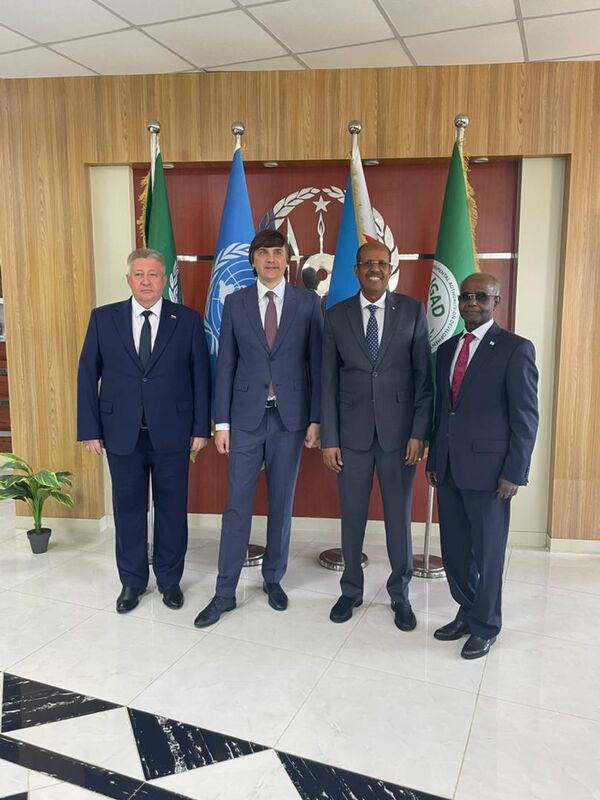L'ambassadeur russe à Djibouti Mikhaïl Golovanov, le ministre russe de l'Éducation Sergueï Kravtsov, le chef de la diplomatie djiboutienne Mahamoud Ali Youssouf et l'ambassadeur djiboutien à Moscou Ali Mohamed Kamil, lors de leur rencontre à Djibouti en 2024 - Sputnik Afrique