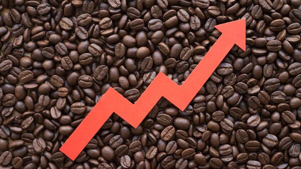 Red arrow chart graph soar rising up on coffee roasted arabica bean background. Coffee bean price hike increase in commodity trading market, inflation crisis, investment concept. - Sputnik Africa