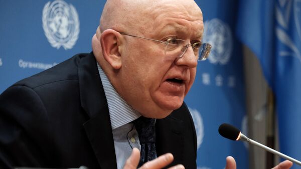 Permanent Representative of the Russian Federation to the United Nations (UN), Ambassador Vassily Nebenzia speaks to the media about charges of a massacre in the Ukrainian town of Bucha at United Nations headquarters on April 04, 2022 in New York City. - Sputnik Africa