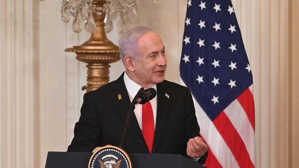 United States President Donald Trump (not seen) and Israeli Prime Minister Benjamin Netanyahu hold a joint press conference in the East Room at the White House in Washington, D.C., United States on February 04, 2025. - Sputnik Africa