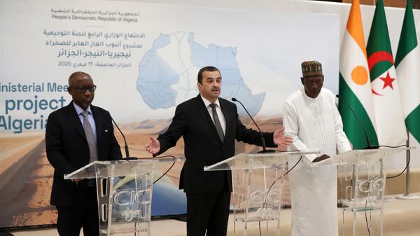 Minister of Energy, Algerian Mohamed Arkab (C), Minister of Energy of Niger, Sahabi Oumarou (R), and Niger Ministry of Petroleum, Mahamane Sani Mahamadou (L), participate in the 4th ministerial meeting of the steering committee of the Trans-Saharan Gas Pipeline (TSGP) project. Algeria, on February 11, 2025. - Sputnik Africa