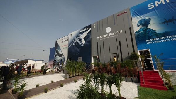 Russian state arms exporter Rosoboronexport exhibition pavilion at Aero India 2025 - Sputnik Africa