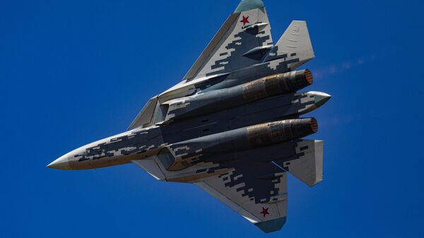 Russian Su-57 fighter jet at the 15th International Aerospace Exhibition Aero India 2025 at the Indian Air Force's Yelahanka Air Base. - Sputnik Africa