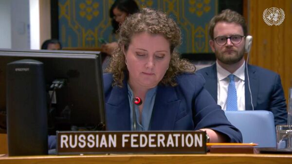 Russia's deputy ambassador to the UN Anna Evstigneyeva, speaking at the session on the situation in the CAR, February 20, 2025. - Sputnik Africa