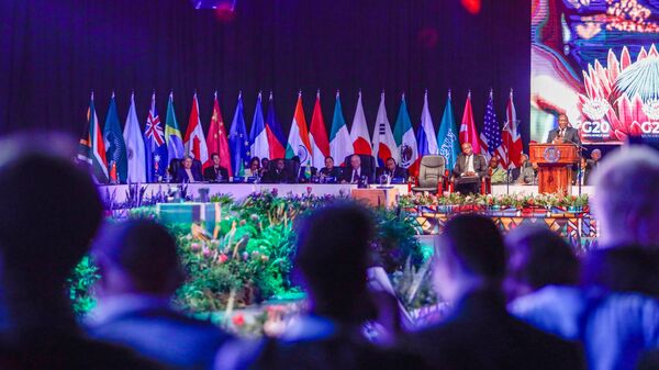 President Cyril Ramaphosa gives a welcome speech at the official opening of the G20 First Foreign Ministers Meeting at Nasrec Expo Centre on Day 01 on February 20, 2025 in Johannesburg, South Africa. - Sputnik Africa