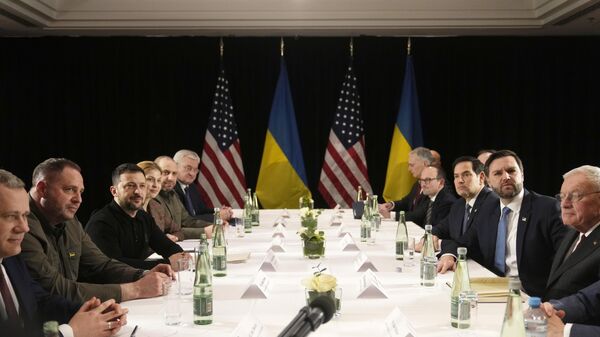 United States Vice-President JD Vance, second right, and United States Secretary of State Marco Rubio, third right, meet with Ukraine's Volodymyr Zelensky, third left, during a bilateral meeting on the sidelines of the Munich Security Conference in Munich, Germany, Friday, Feb. 14, 2025. - Sputnik Africa