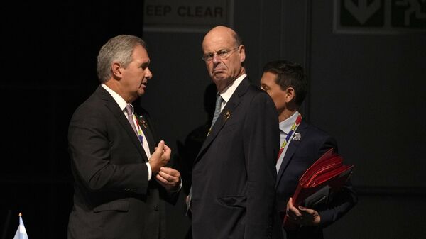 French Finance Minister Eric Lombard, right, chats with a fellow delegate at the G20 Finance Ministers and Central Bank Governors meeting in Cape Town, South Africa, Wednesday, Feb. 26, 2025.  - Sputnik Africa